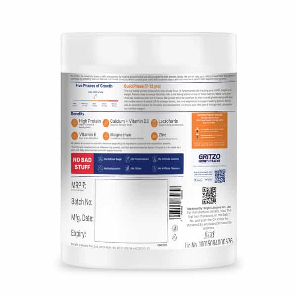 Gritzo Supermilk Growth+ (7-12Y Boys) | 10G Protein (Double Chocolate | 200G) | Zero Refined Sugar