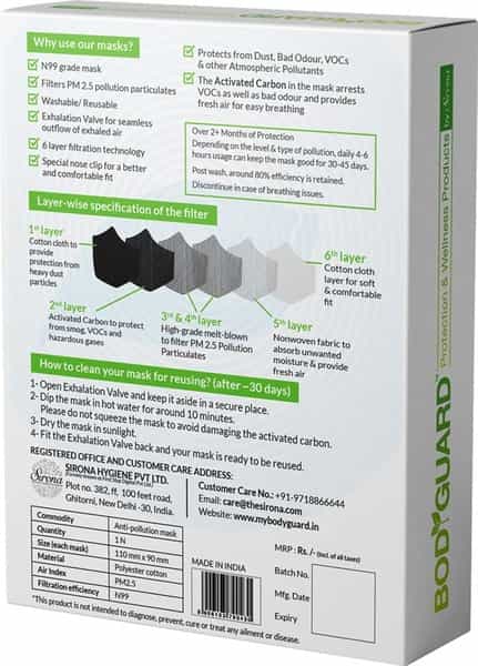 Bodyguard Reusable Anti Pollution Face Mask With Activated Carbon N99 + Pm2.5 For Kids