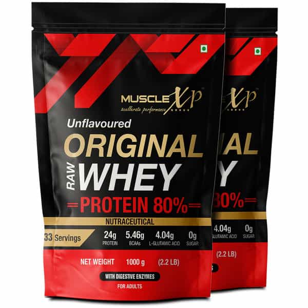 Musclexp Raw Whey Protein Concentrate 80% Powder | Unflavored | 1Kg (2.2Lb) (Pack Of 2)