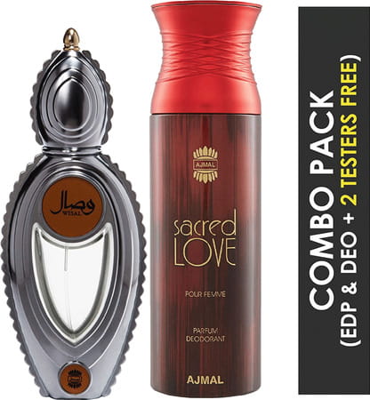 Ajmal Wisal Eau De Parfum 50ml Perfume For Women And Sacred Love Deodorant 200ml For Women