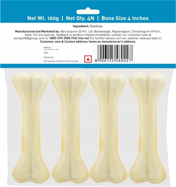 Purepet Pressed Chew Bones Dog Treats 4 Inches - Pack Of 4 Bones