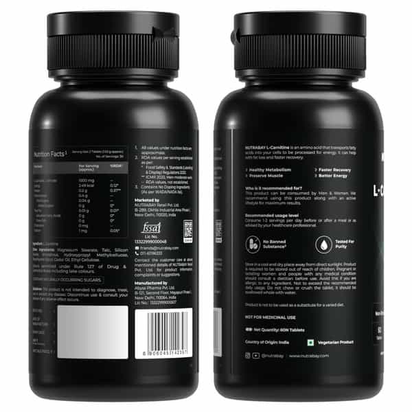 Nutrabay Pro L-Carnitine Fat Burner | Pre Workout Supplement | 1000Mg - 60 Veg Tablets