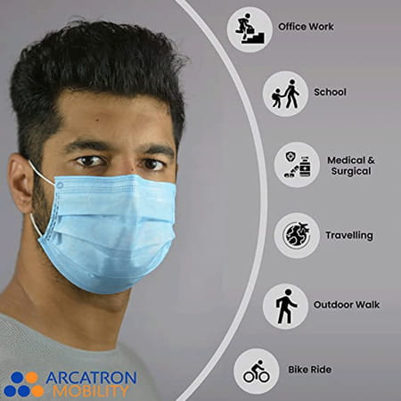 Arcatron Mobility 3 Ply Disposable Surgical Super Breathable Facemask With Nose Clip|100pcs | Blue