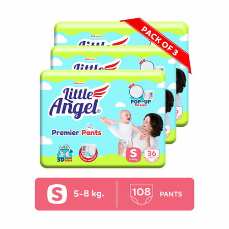 Little Angel Premier Pants Baby Diapers Small (S) Size 108 Count Pack Of 3 36 Count/Pack 5-8 Kg