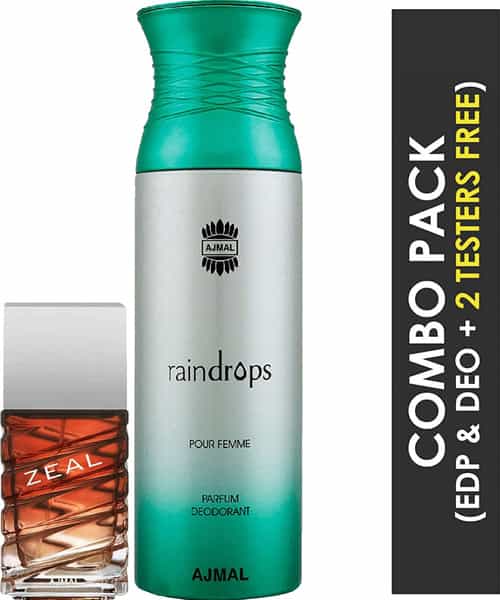 Ajmal Zeal Edp Aquatic Woody Perfume 100Ml For Men And Raindrops Femme Deodorant 200Ml For Women