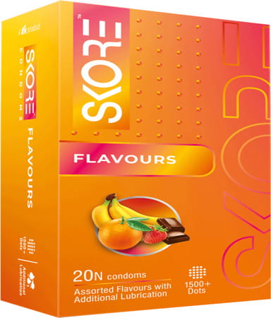 Skore Condoms Assorted Flavoured And Coloured 1500+ Raised Dots With Extra Lubrication | Box Of 20