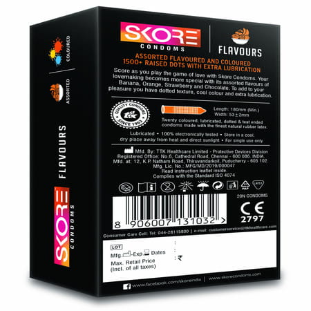 Skore Condoms Assorted Flavoured And Coloured 1500+ Raised Dots With Extra Lubrication | Box Of 20