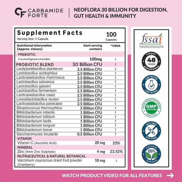 Carbamide Forte Probiotics Supplement 30 Billion For Women & Men-100 Capsules