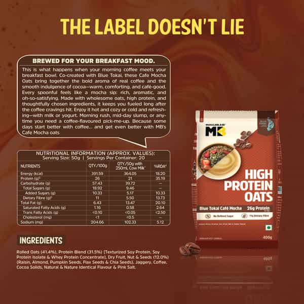 Muscleblaze High Protein Oats (Blue Tokai Cafe Mocha | 400G) | 26G Protein