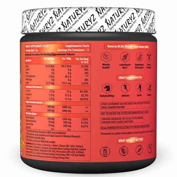 Naturyz Instantized Bcaa 5000 Pro With 5G Bcaas Glutamine For Lean Muscle - 150G(Mango Orange Mix)
