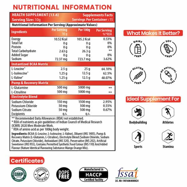 Naturyz Instantized Bcaa 5000 Pro With 5G Bcaas Glutamine For Lean Muscle - 150G(Mango Orange Mix)