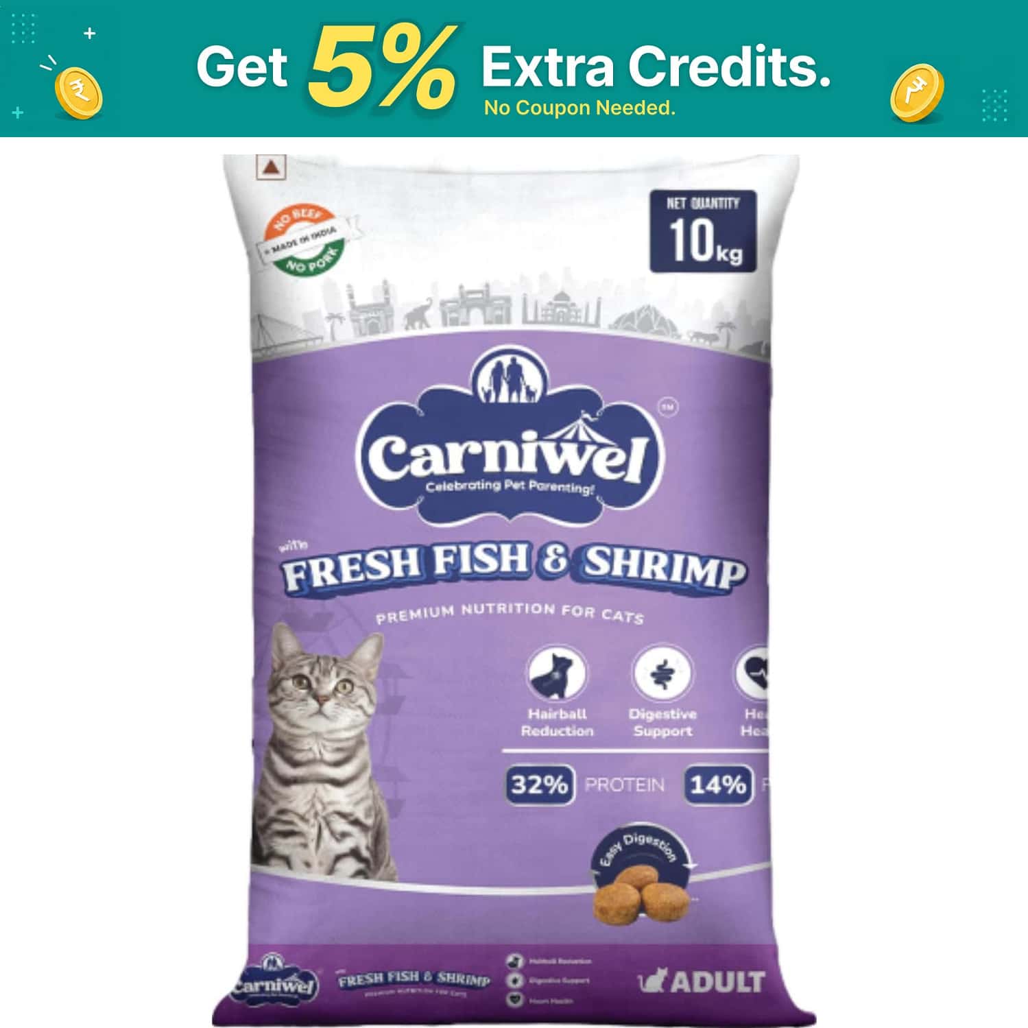 Carniwel Fresh Fish & Shrimp Adult Dry Cat Food 10 Kg | Fresh & Natural Ingredients