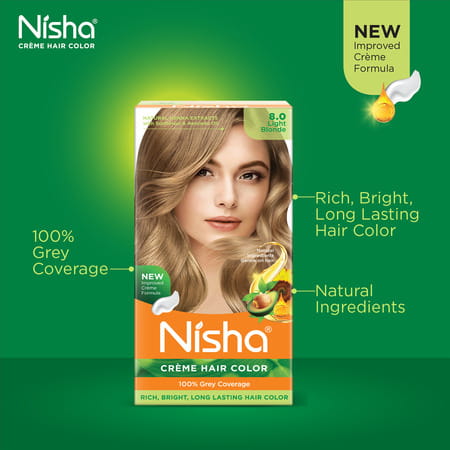 Nisha Creme Hair Color 8.0 Light Blonde 150g Pack Of 2 | Permanent Hair Colour | 100% Grey Coverage