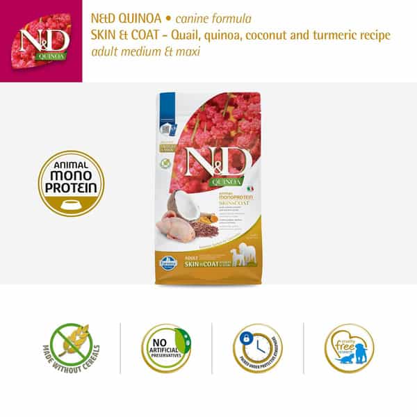 Farmina N&D Quinoa Skin & Coat Dog Food | Grain-Free | Duck | Quinoa | Coconut & Turmeric | 2.5Kg