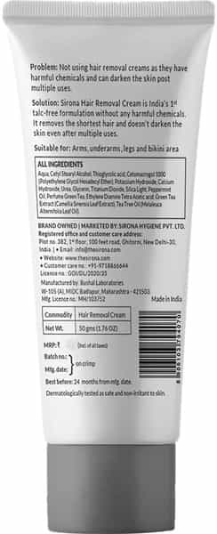Sirona Bikini Line & Body Hair Removal Cream With Green Tea & Tea Tree - 50 Gm