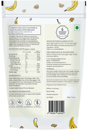 Monsoon Harvest Choco Chip Oat Clusters & Ragi Flakes With Banana 350g Pouch