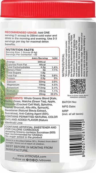Vitrovea Amazing Greens Organic Raw Super Greens Powder Whole Food W/10 Superfoods - Lime - 300G