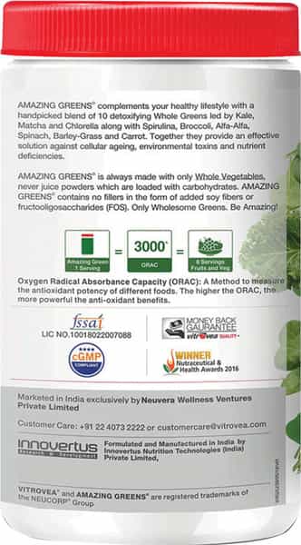 Vitrovea Amazing Greens Organic Raw Super Greens Powder Whole Food W/10 Superfoods - Lime - 300G