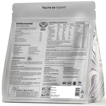 Wellbeing Nutrition 100% Whey Protein Isolate (Unflavoured) | 1kg