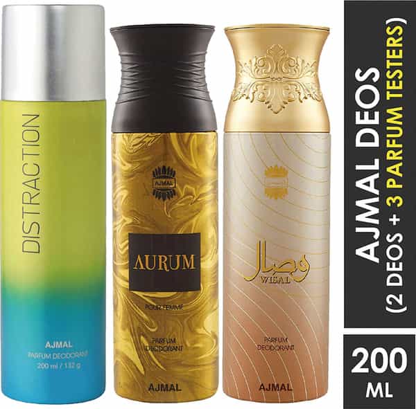 Ajmal 1 Distraction For Unisex 1 Aurum For Women & 1 Wisal For Women Deodorants Combo Pack Of 3