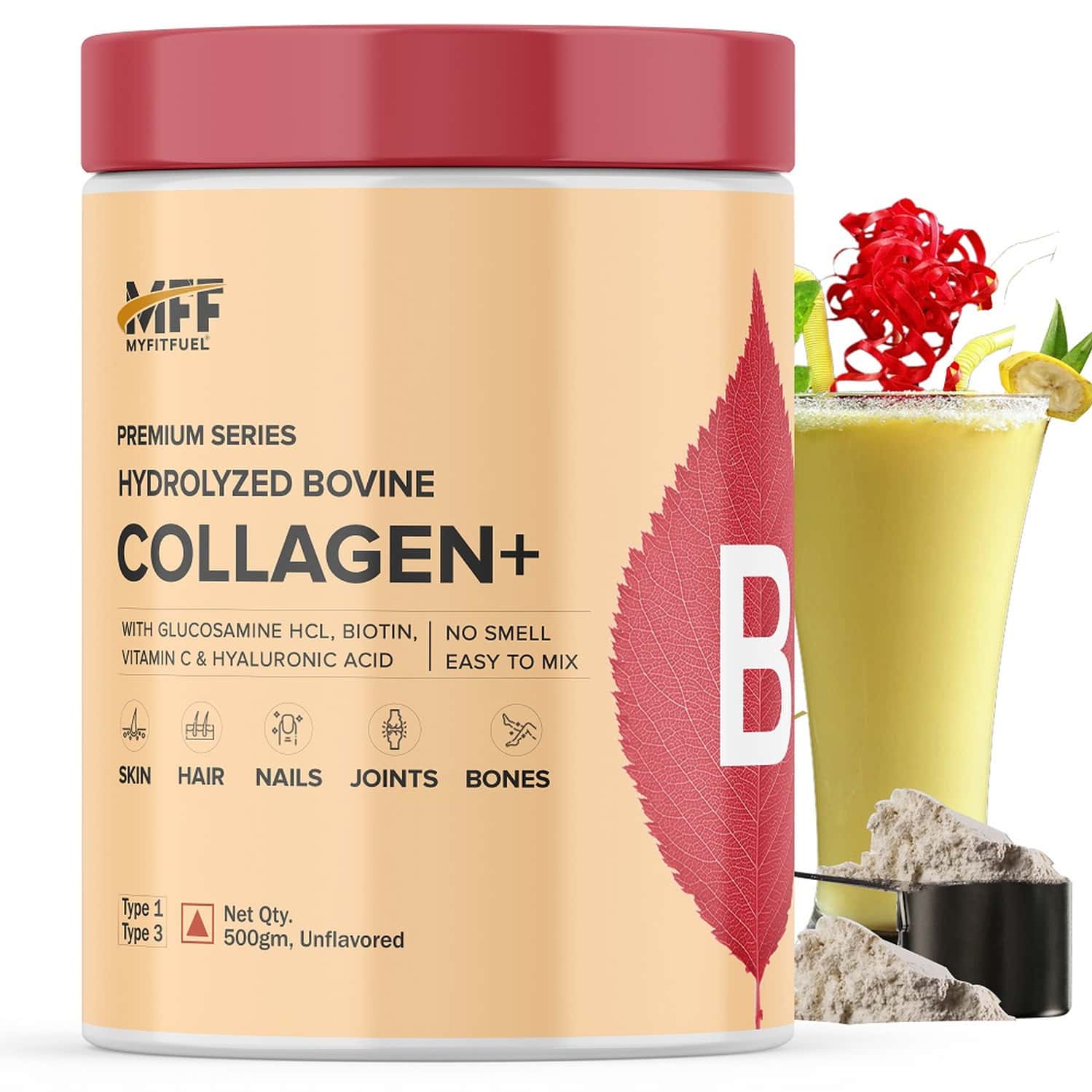 Myfitfuel Hydrolyzed Bovine Collagen + Glucosamine, Hyaluronic, Biotin, Vitamin C (500g, Unflavored)