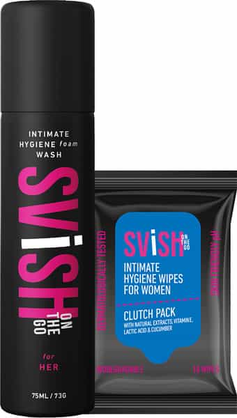 Svish Female Hygiene Kit - Intimate Hygiene Wipes, 40 | Foam Wash, 75Ml | Anti Chafing Roll On, 50Ml