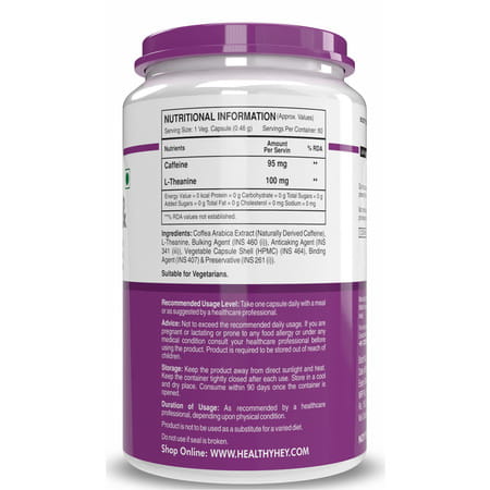 Healthyhey Natural Caffeine + L-Theanine - Support Energy 60 Veg Capsules