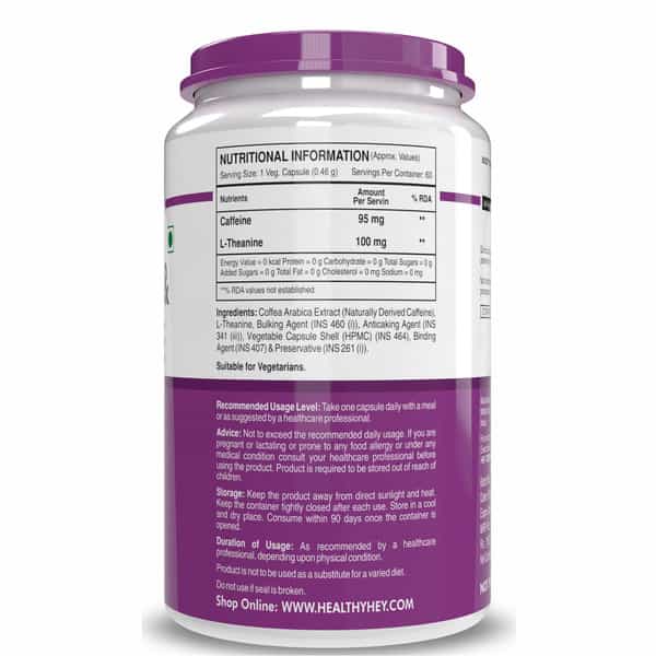 Healthyhey Natural Caffeine + L-Theanine - Support Energy 60 Veg Capsules