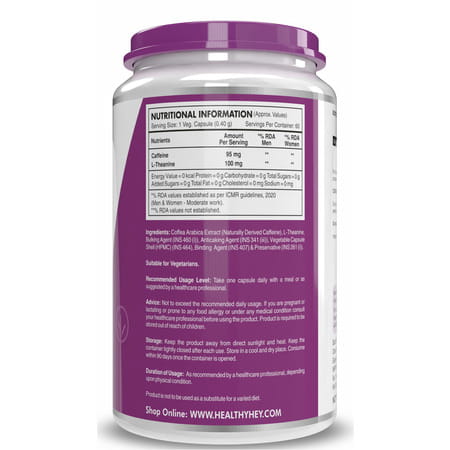 Healthyhey Natural Caffeine + L-Theanine - Support Energy 60 Veg Capsules