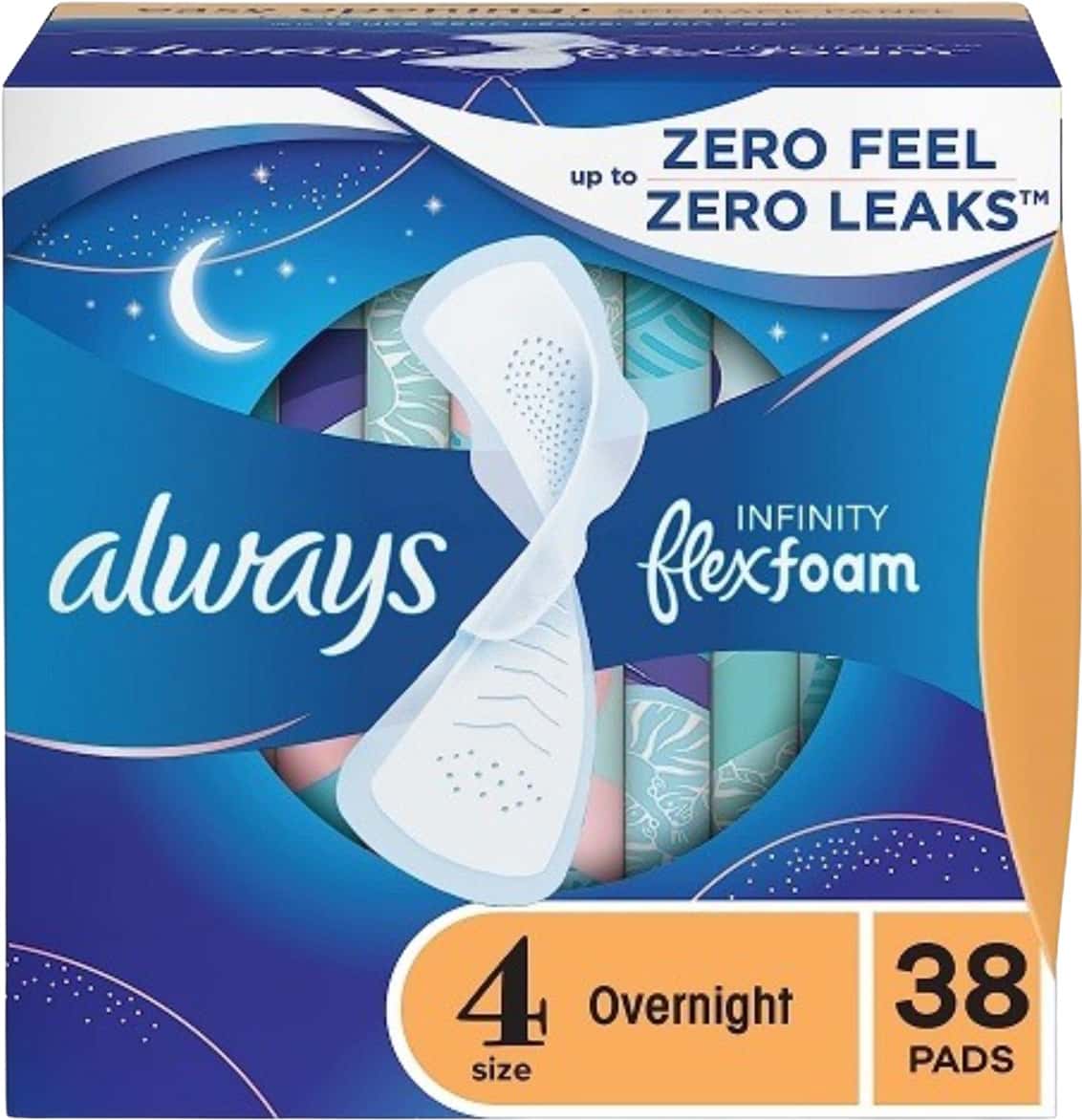 Always Infinity Flexfoam Pads Size 4 Extra Heavy Overnight Absorbency|12 Hours| Wings Unscented| 38n