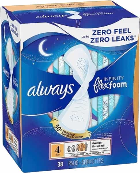 Always Infinity Flexfoam Pads Size 4 Extra Heavy Overnight Absorbency|12 Hours| Wings Unscented| 38N