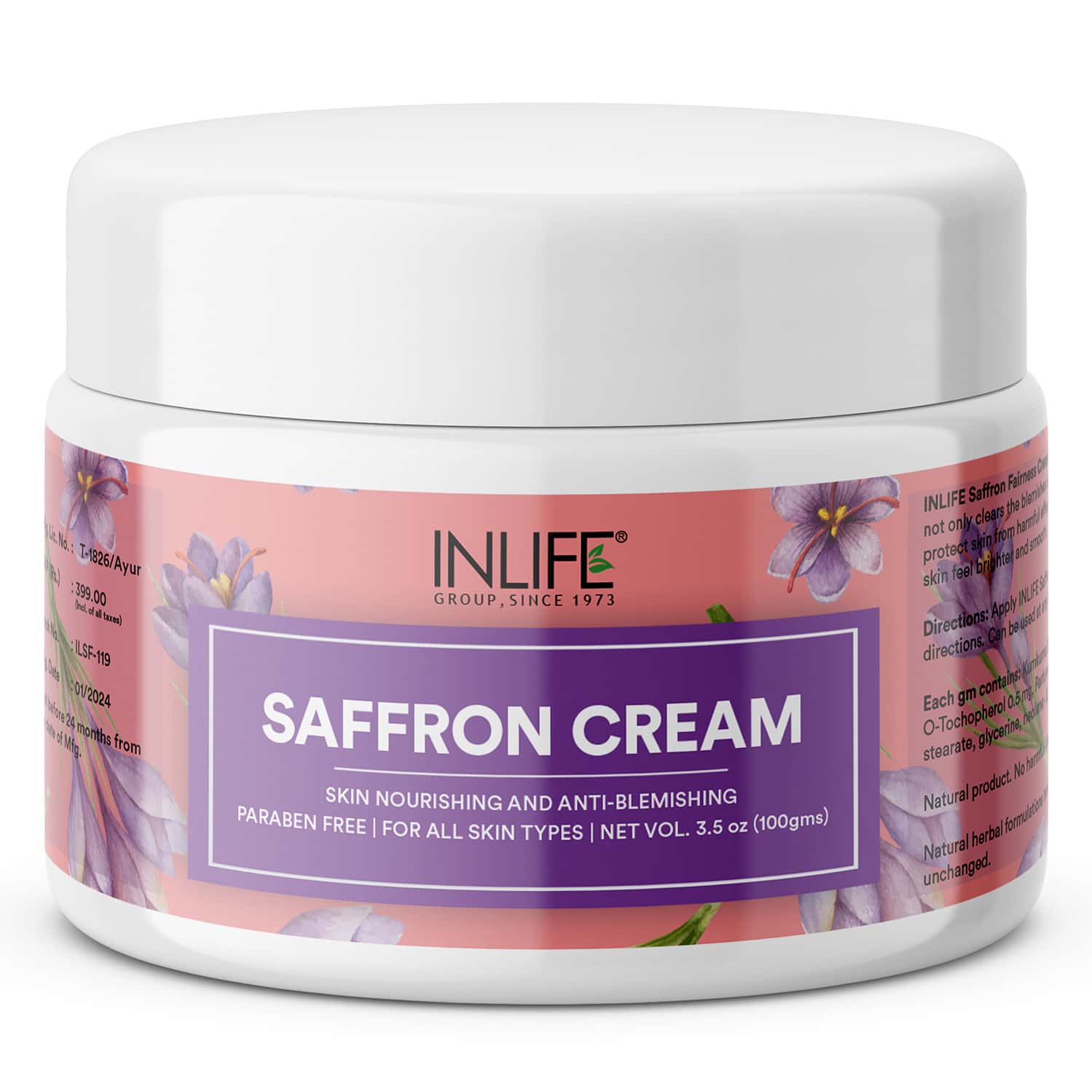 Inlife Saffron Cream For Face | Ayurvedic Herbal Cosmetic | Paraben-Free | For Men & Women 100g