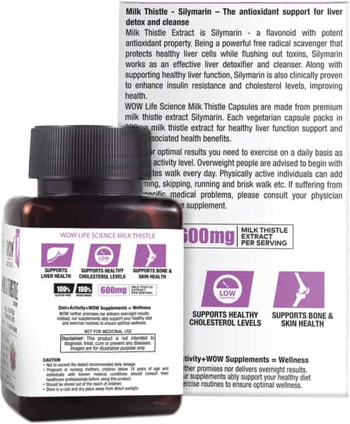 Wow Life Science Milk Thistle Capsules 600 Mg - 60 Vegetarian Capsules