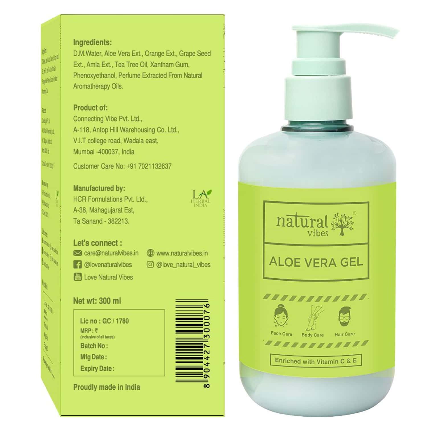 Natural Vibes Aloe Vera Gel With Vitamin C & E For Face | Hair & Body 300 Ml