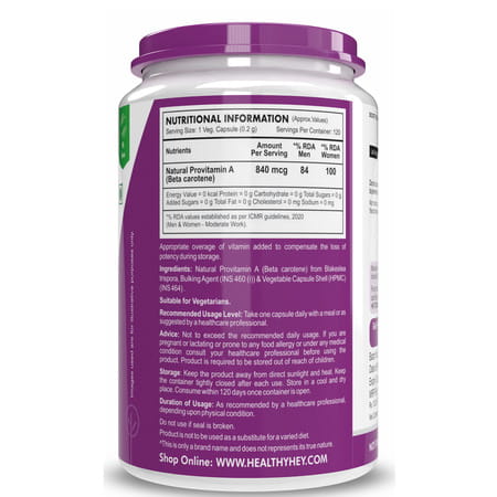 Healthyhey Nutrition Natural Vitamin A From Beta Carotene - 120 Veg Capsules