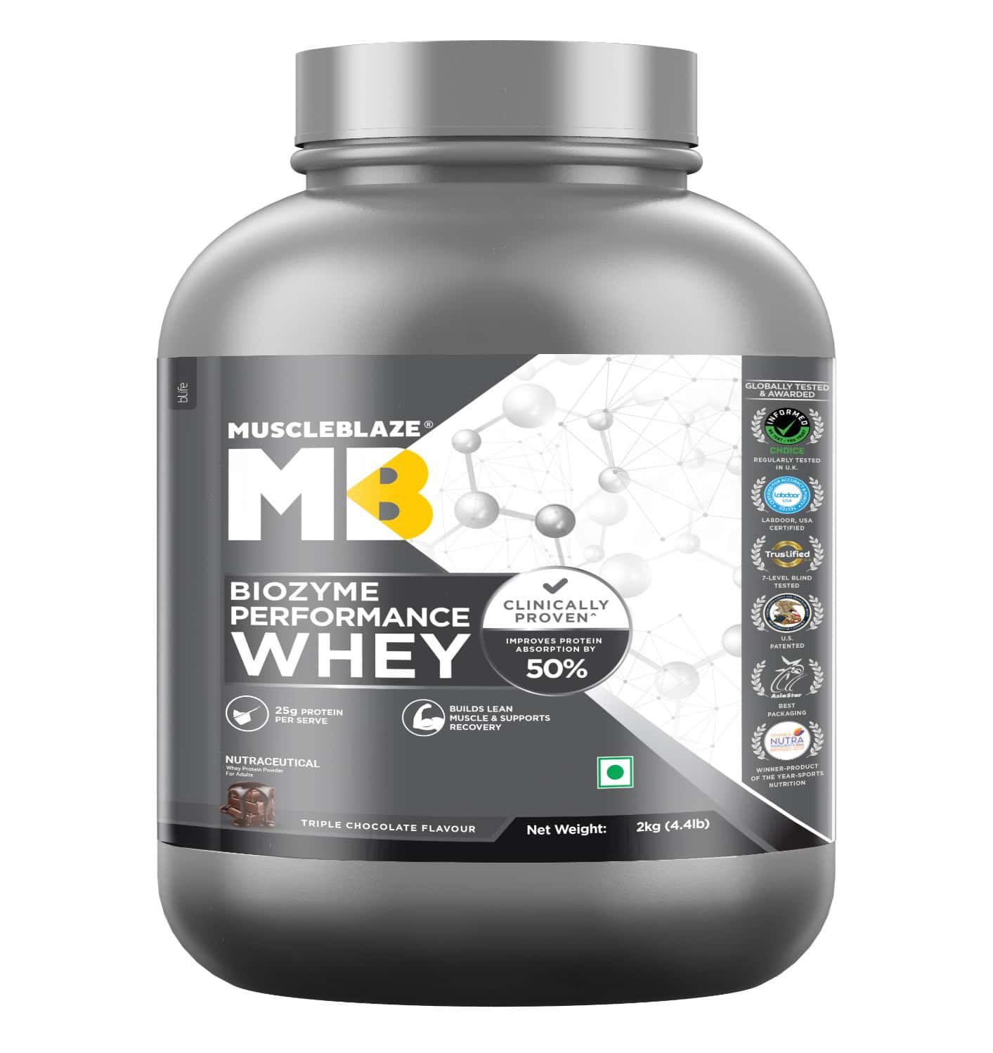 Muscleblaze Biozyme Performance Whey Protein Powder | 25g Protein Per Scoop - Triple Chocolate (2kg)