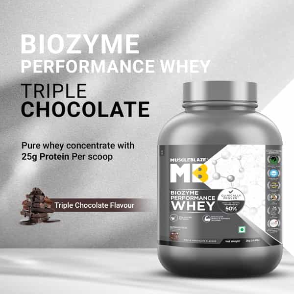 Muscleblaze Biozyme Performance Whey Protein Powder | 25G Protein Per Scoop - Triple Chocolate (2Kg)