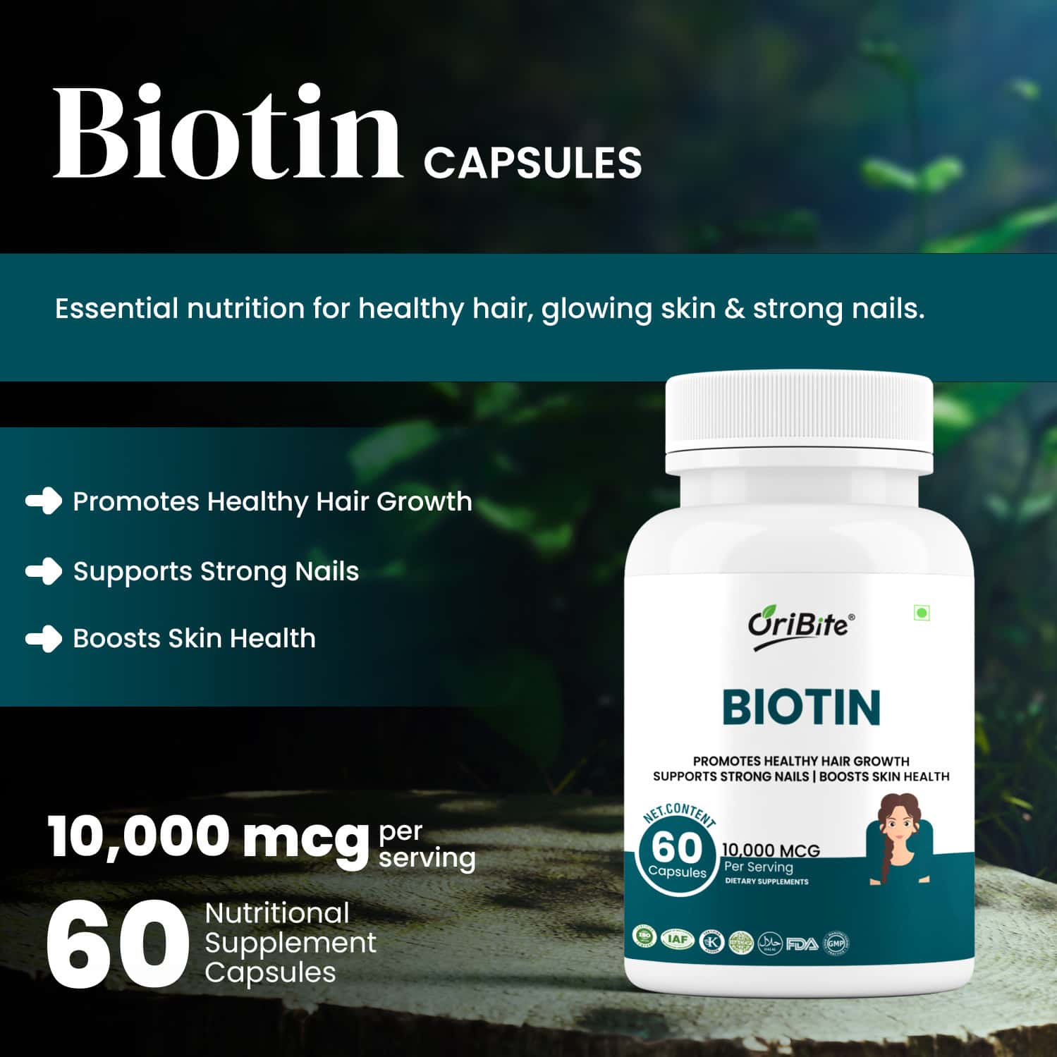 Oribite Biotin 10000mcg Capsules For Hair Growth Support 60 Capsules