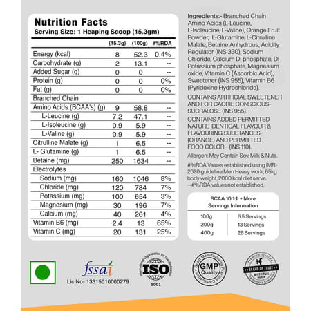 Myfitfuel Premium Bcaa Gold (10:1:1) (10 Times Leucine | Glutamine +6 More) 400G Tangy Orange