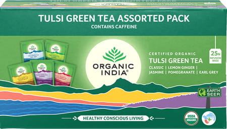 Organic India Tulsi Green Tea Assorted Pack 25 Teabags Box