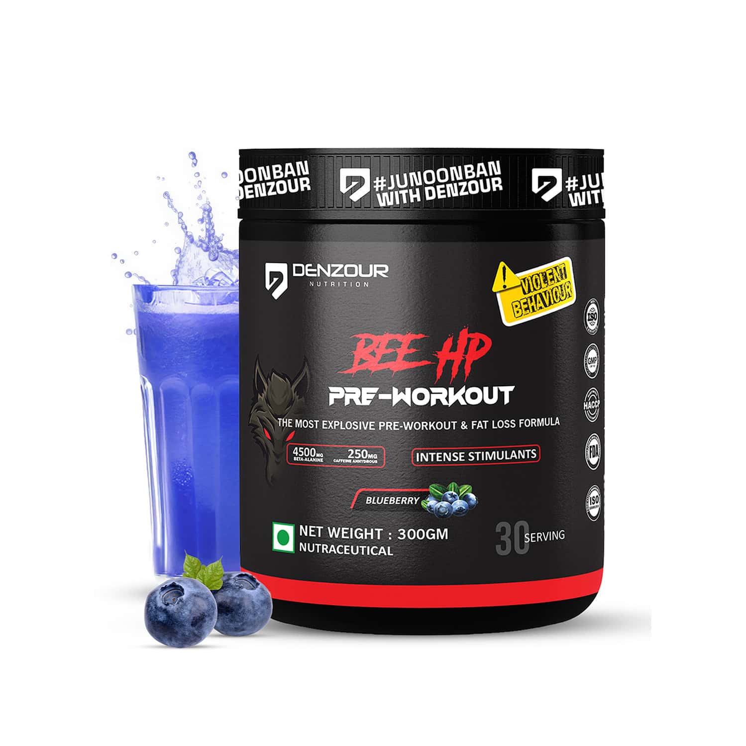 Denzour Nutrition Bee Hp Pre Workout Powder | Energy | Strength & Muscle Pump | Blueberry Flav 300g