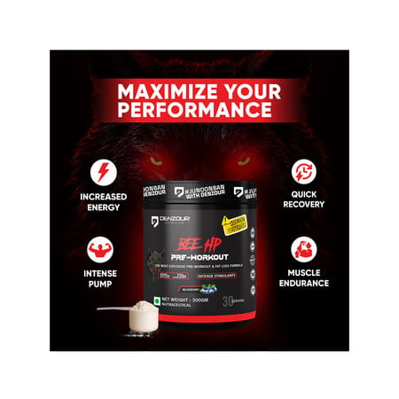 Denzour Nutrition Bee Hp Pre Workout Powder | Energy | Strength & Muscle Pump | Blueberry Flav 300g