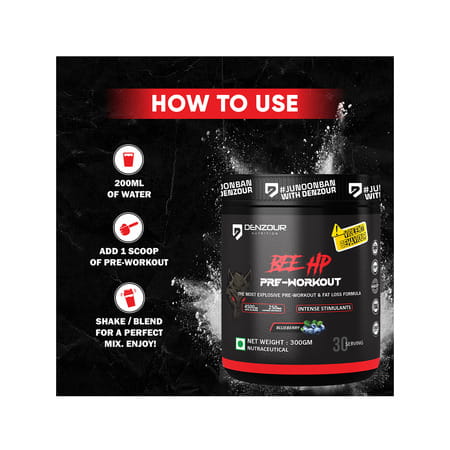 Denzour Nutrition Bee Hp Pre Workout Powder | Energy | Strength & Muscle Pump | Blueberry Flav 300g