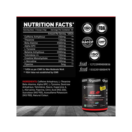 Denzour Nutrition Bee Hp Pre Workout Powder | Energy | Strength & Muscle Pump | Blueberry Flav 300g