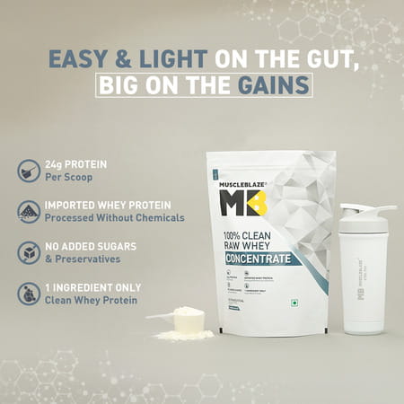 Muscleblaze 100% Clean Raw Whey Protein Concentrate | Unflavoured | 24g Protein Per Scoop | 1 Kg
