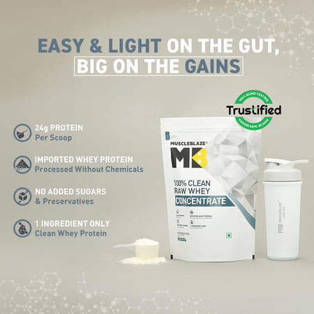 Muscleblaze 100% Clean Raw Whey Protein Concentrate | Unflavoured | 24g Protein Per Scoop | 1 Kg