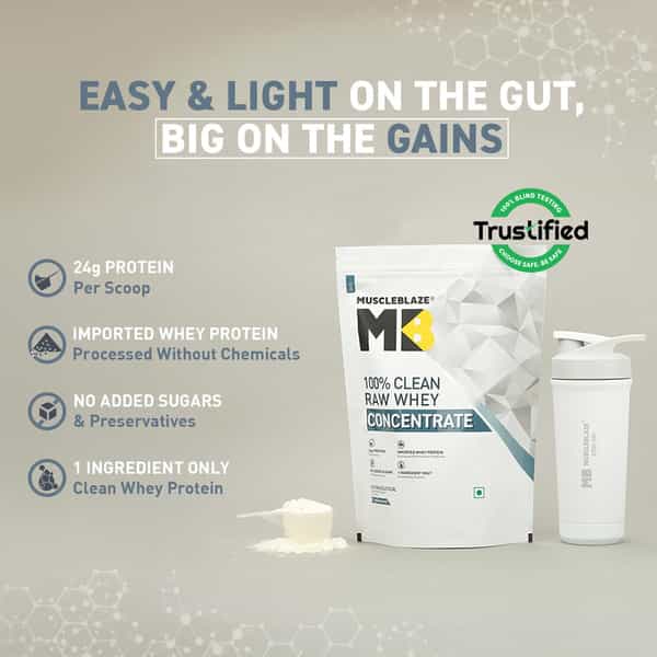 Muscleblaze 100% Clean Raw Whey Protein Concentrate (Unflavoured | 1Kg) | 24G Protein Per Scoop