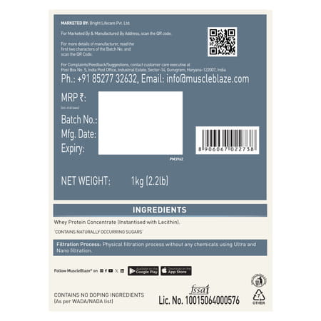 Muscleblaze 100% Clean Raw Whey Protein Concentrate | Unflavoured | 24g Protein Per Scoop | 1 Kg