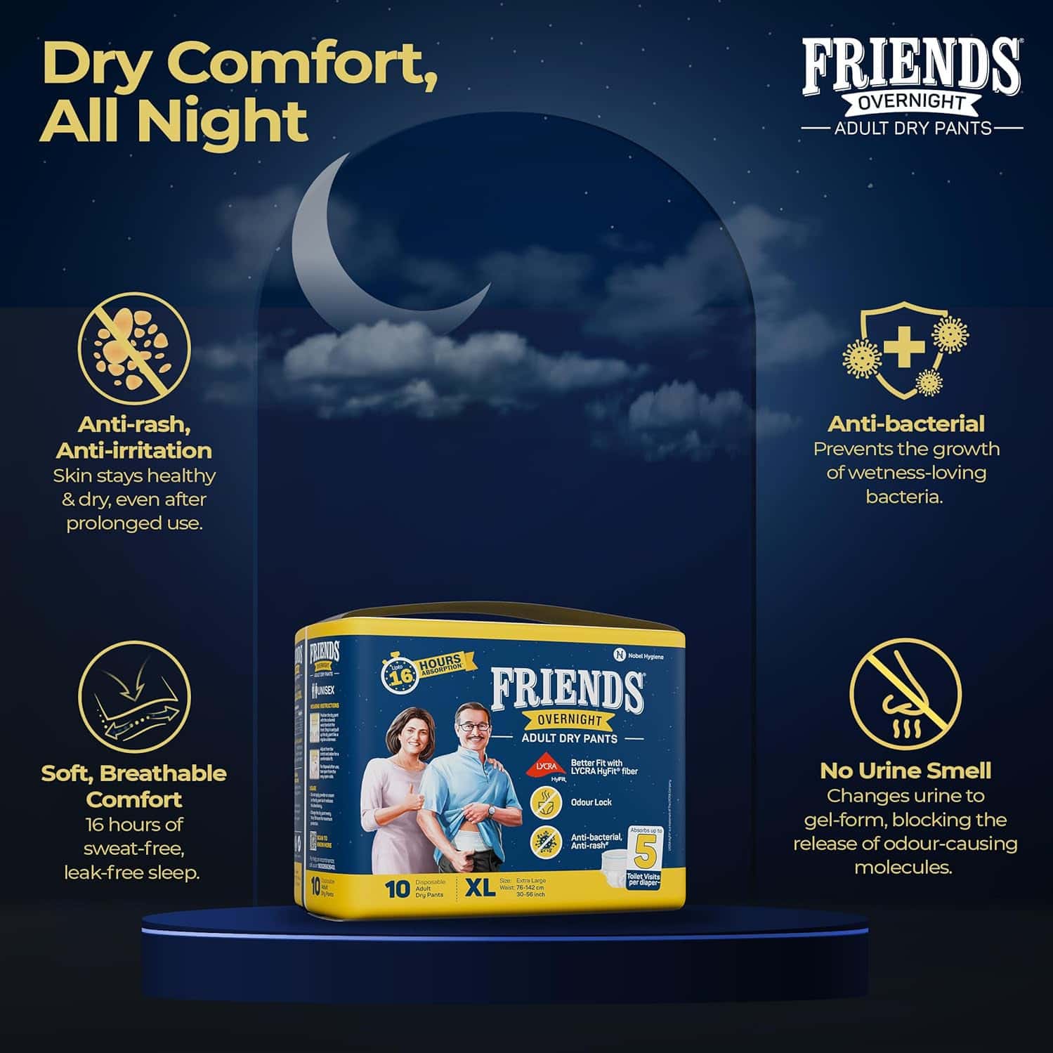 Friends Overnight Adult Diapers Pants Style (x-large) | Odour Lock & Anti-bacterial - 40 Count