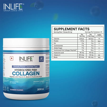 Inlife Japanese Marine Collagen Supplements For Women & Men (Blueberry | Fish Collagen | 200g)